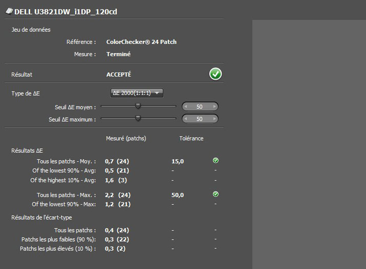 Delta e après le calibrage du ViewSonic VP3881 avec l'i1Display Pro
