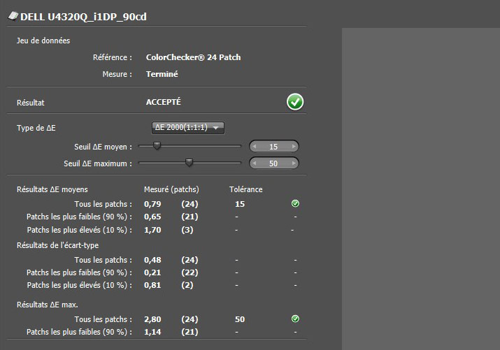 Delta E après calibrage du DELL U4320Q avec l'i1Display Pro