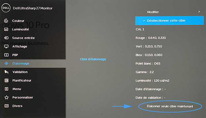 Menu étalonnage du Dell UP2720Q