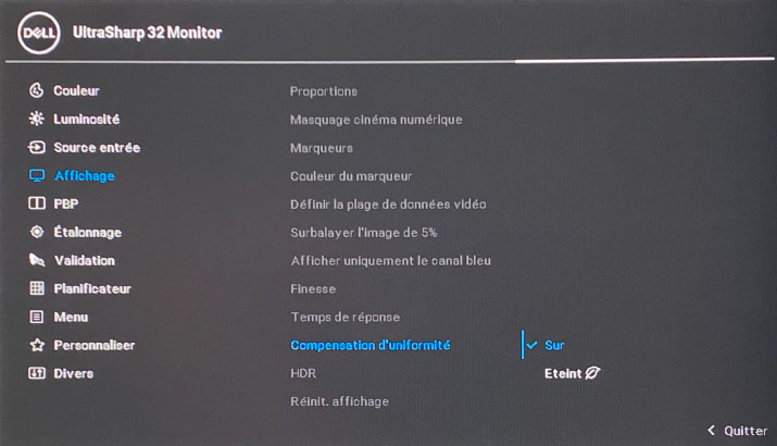 Option Compensation d'uniformité du Dell UP3221Q