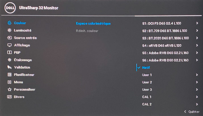 Choix de l'espace couleur natif sur le Dell UP3221Q