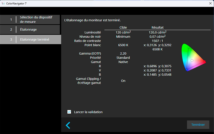 Colornavigator installé sur un Eizo CG2700S et ses valeurs cibles