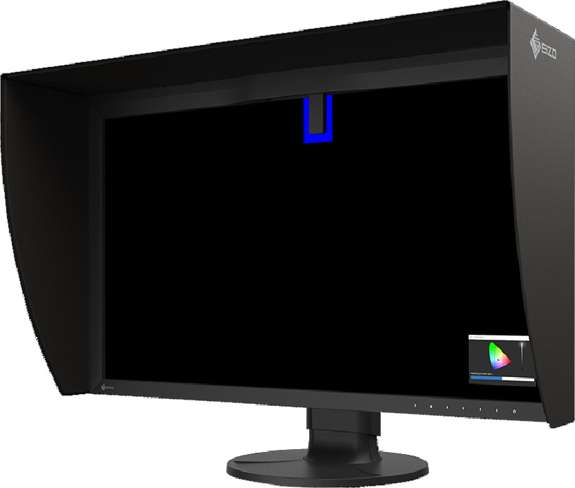 Écran EIZO CG2700S, son colorimètre intégré et sa visière 