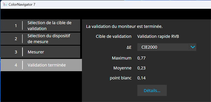 Delta E après calibrage de l'Eizo CG2700x avec ColorNavigator et le colorimètre intégré