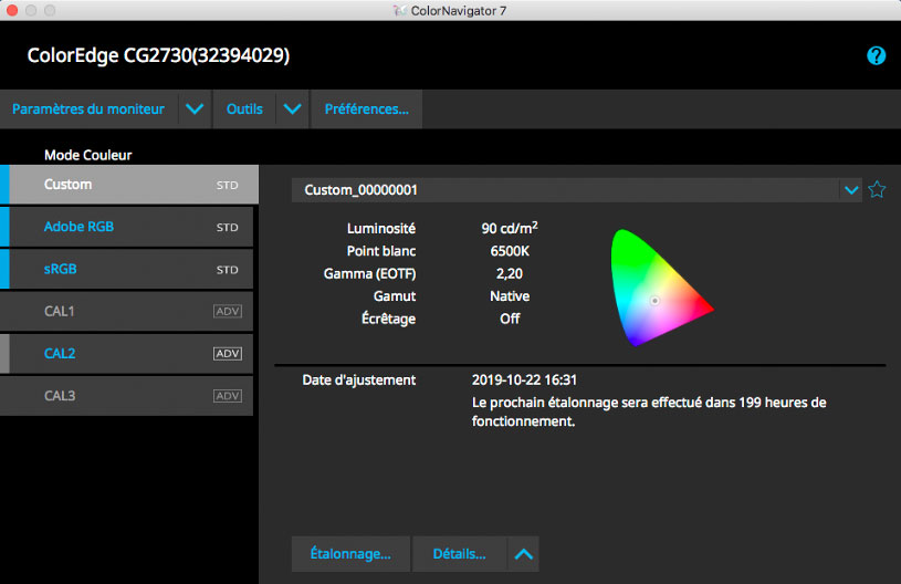 Colornavigator installé sur un Eizo CG2730 et ses valeurs cibles