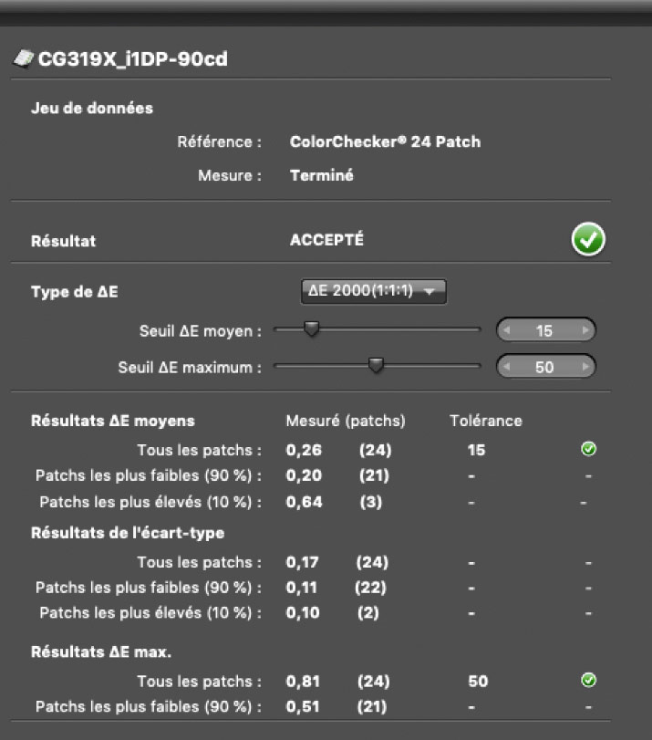 Delta E après calibrage de l'Eizo CG319X avec l'i1Display Pro