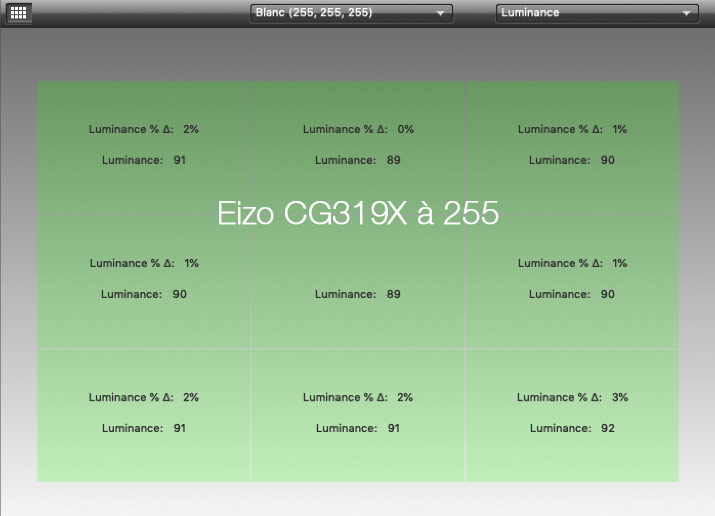 Uniformité en luminance à 255 après calibrage de l'Eizo CG319X avec l'i1Display Pro
