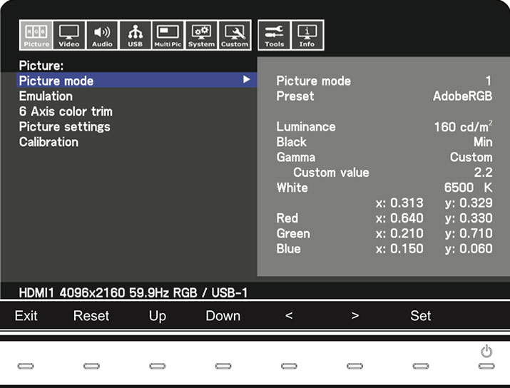 Menus OSD de l'écran NEC PA271Q