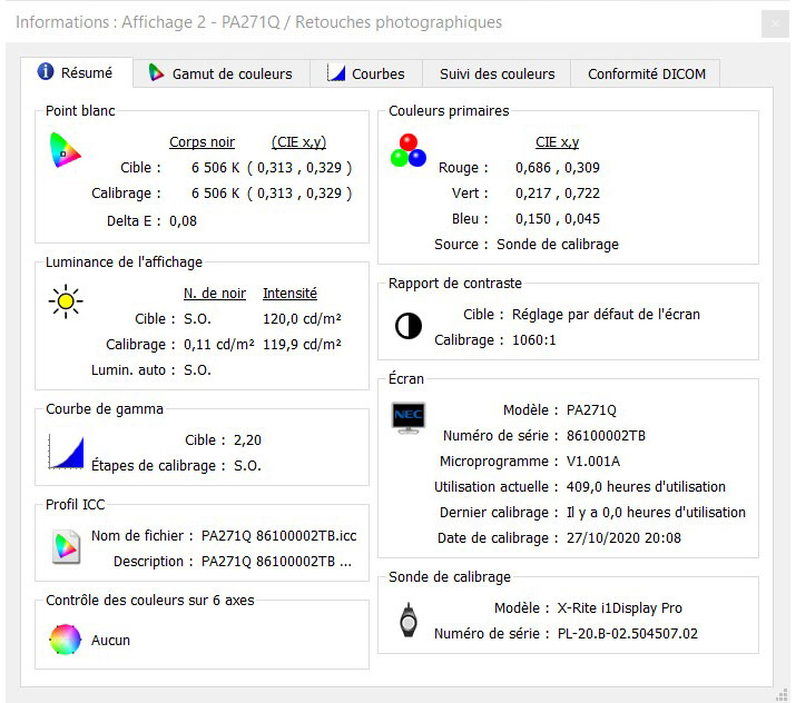 Rapport après calibrage avec Spectraview II du NEC PA271Q