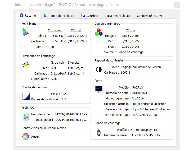 Rapport final après calibrage avec Spectraview II du Nec PA271Q