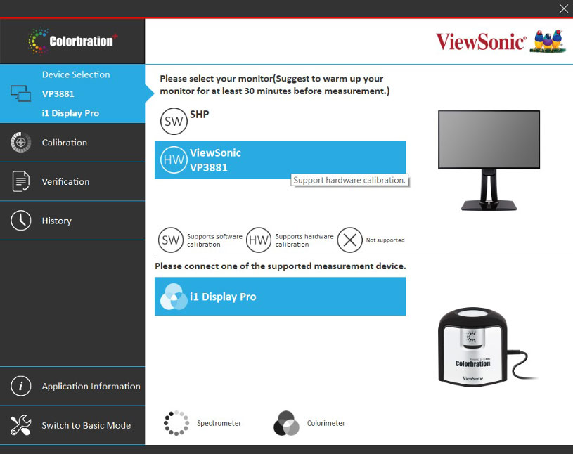 Page d'accueil du logiciel Colorbration+ de Viewsonic 