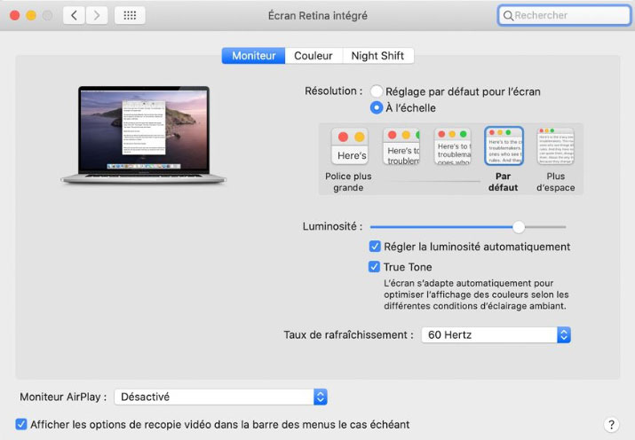 Préférences moniteur des iMac Retina Préférences moniteur des iMac Retina