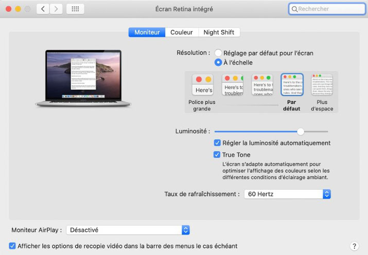 Préférences moniteur des iMac Retina 