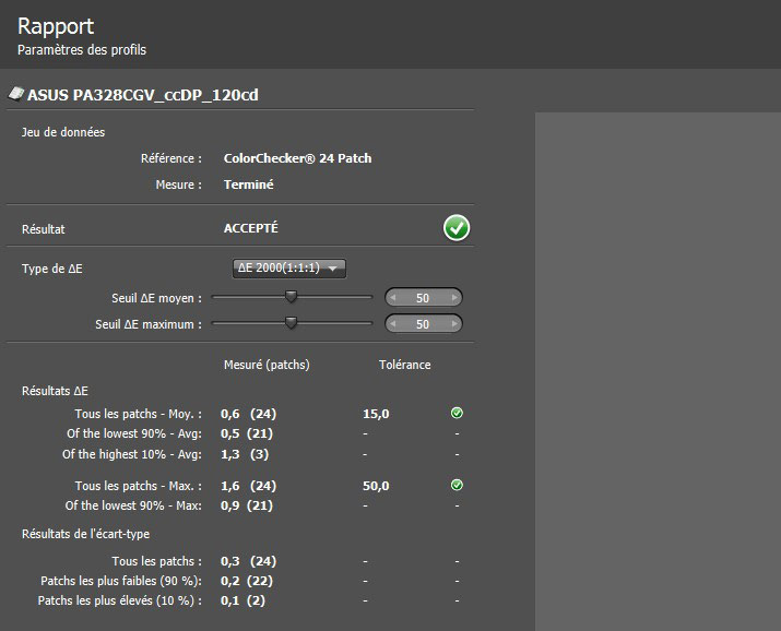 Delta e après le calibrage de l'Asus PA328CGV avec le ColorChecker Display Pro