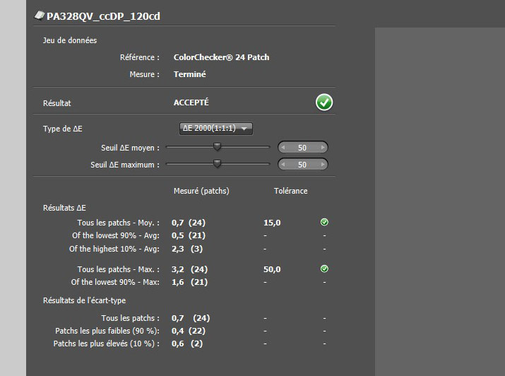 Delta e après la calibration de l'Asus PA328QV avec le ColorChecker Display Pro