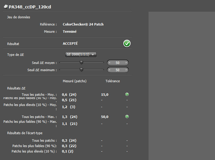 Delta e après le calibrage de l'Asus PA348CGV avec le ColorChecker Display Pro