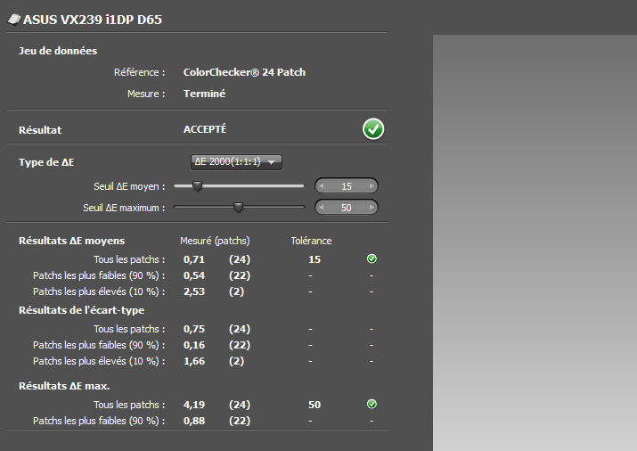 Delta e après le calibrage de l'Asus VC239H avec l'i1Display pro