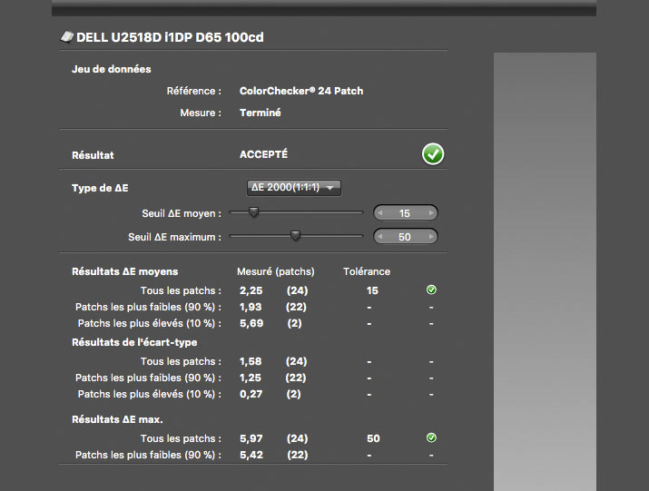 Delta E après calibrage du DELL U2518D avec l'i1Display Pro