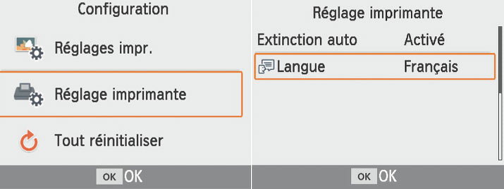 Menu choix de la langue sur l'imprimante Canon CP1300