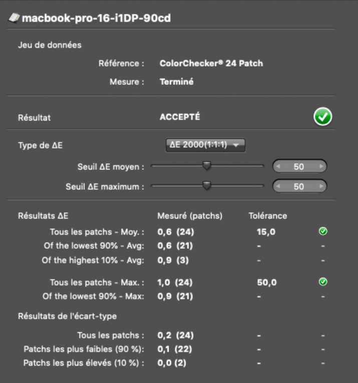 Delta E après calibrage du MacBook Pro 15 pouces Apple de 2019 avec l'i1Display Pro