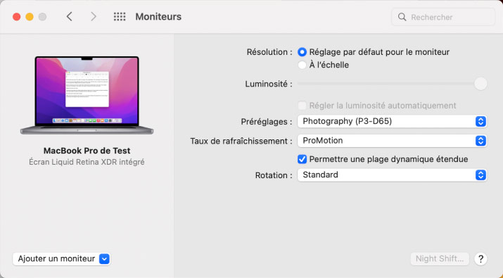 Préférences moniteurs des MacBook Pro 16 pouces Apple de 2021 sous Monterey