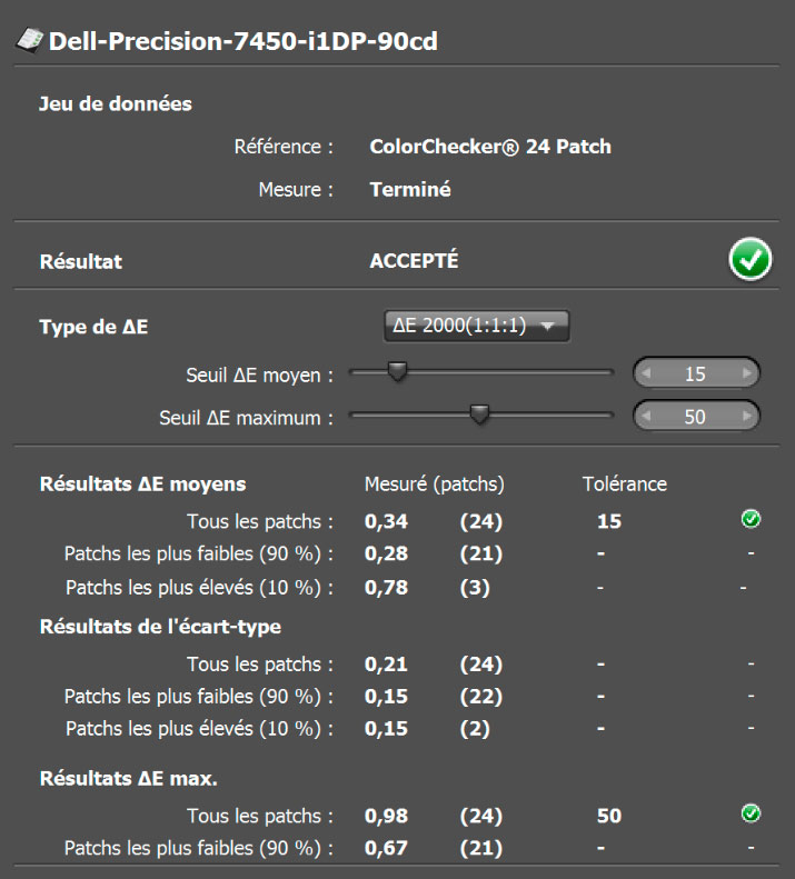 Delta E après calibrage du Dell Précision 15,6 pouces UHD modèle 7540 avec l'i1Display Pro