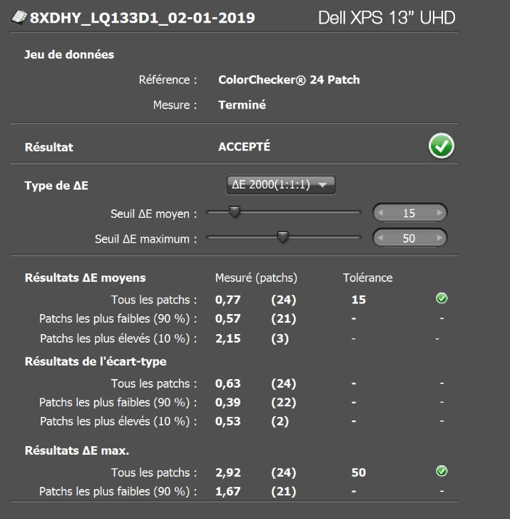 Delta E après calibrage du Dell XPS 13 pouces UHD de 2018 avec l'i1Display Pro