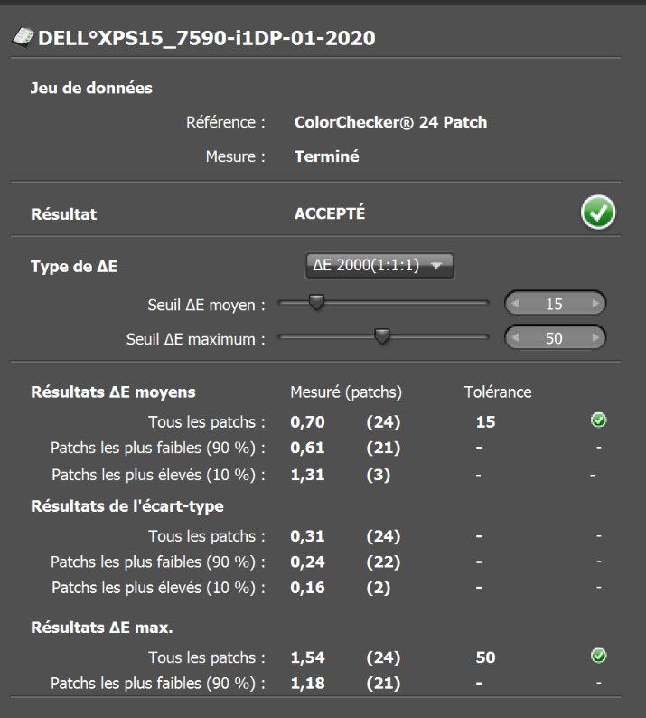 Delta E après calibrage du Dell XPS 15,6 pouces UHD OLED de 2019 avec l'i1Display Pro