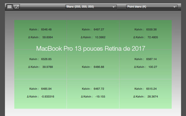 Uniformité en température de couleur après calibrage du MacBook Pro 13 pouces Apple de 2017 avec l'i1Display Pro