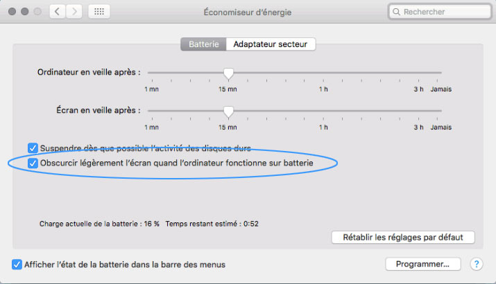 Économiseur d'énergie du MacBook Pro 15 pouces Apple de 2015