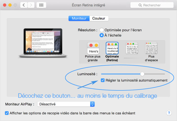 Préférences moniteur du MacBook Pro 15 pouces Apple de 2015