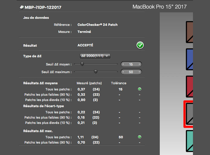 Delta E après calibrage du MacBook Pro 15 pouces Apple de 2019 avec l'i1Display Pro