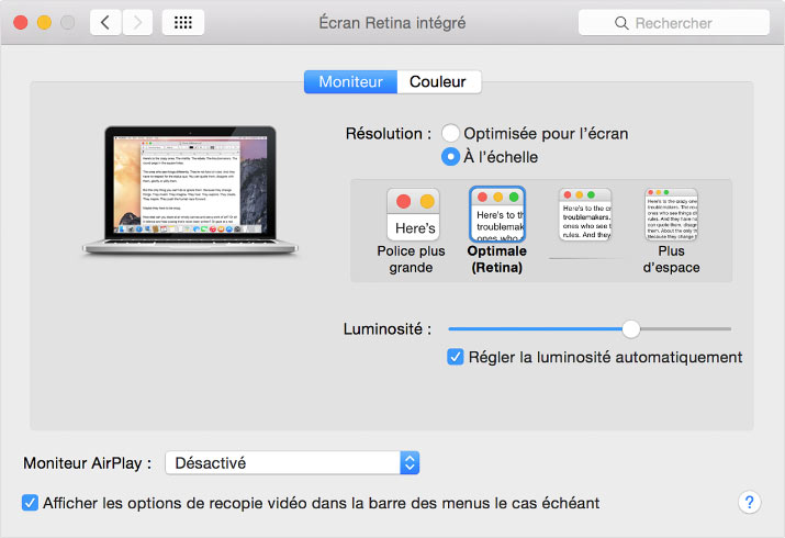 Préférences moniteur du MacBook Pro 15 pouces Apple de 2015